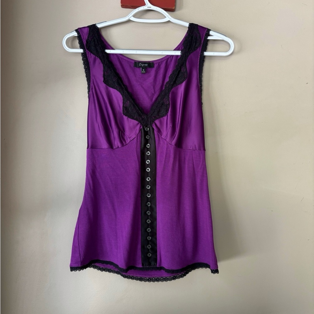 Express Y2K 2007 Purple Lace Trim Button Detail Top S